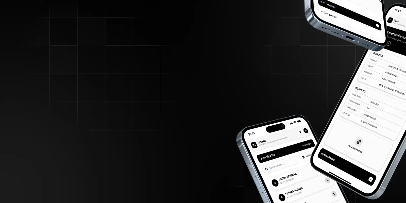 Wukla Diary Mobile App Mockups showing Client List, Task Info and Status Update screens